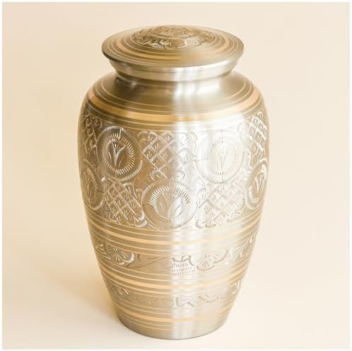 AspenStudio Platinum Brass Cremation Urn for Adult Human Ashes - Large Handcrafted Urn