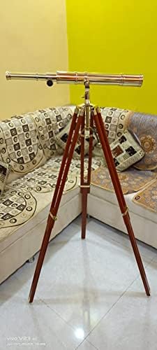 Retro Brass Telescope with Brown Wood Tripod Stand