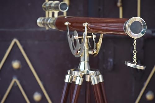 Double Barrel Brass Telescope with Wooden Tripod
