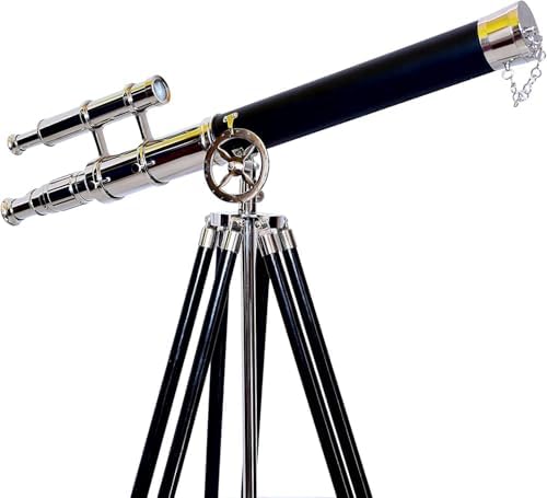 Vintage Marine Royal Brass Nickel Finish Telescope with Black Tripod