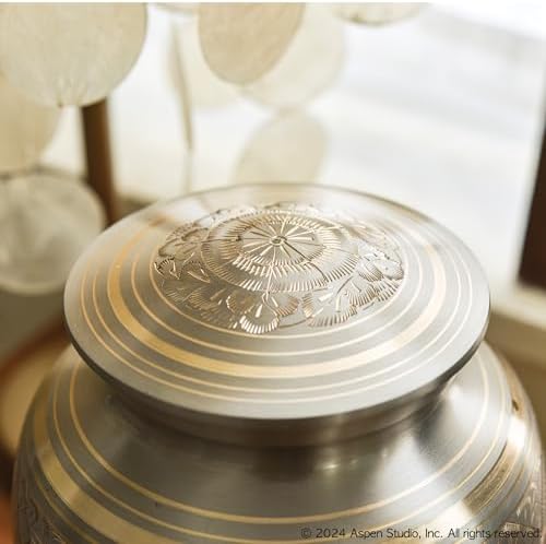 AspenStudio Platinum Brass Cremation Urn for Adult Human Ashes - Large Handcrafted Urn