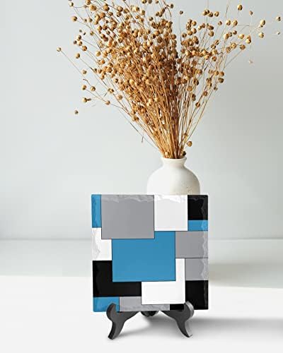 Geometric Blue Gray White Desk Decor Plaque with Stand
