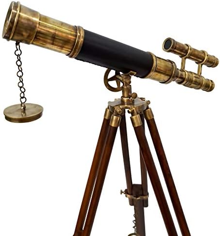 Antique Brass Telescope with Wooden Stand and Leather Sheath