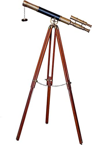 Vintage Antique Brass Telescope with Brown Wooden Tripod