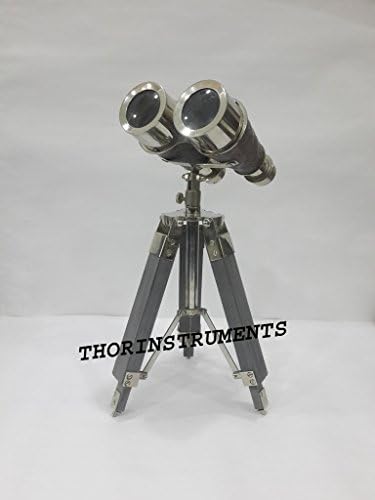 Vintage Nautical Chrome Binocular with Grey Leather Tripod Decor