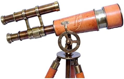 Antique Brass Telescope with Leather and Wood Base