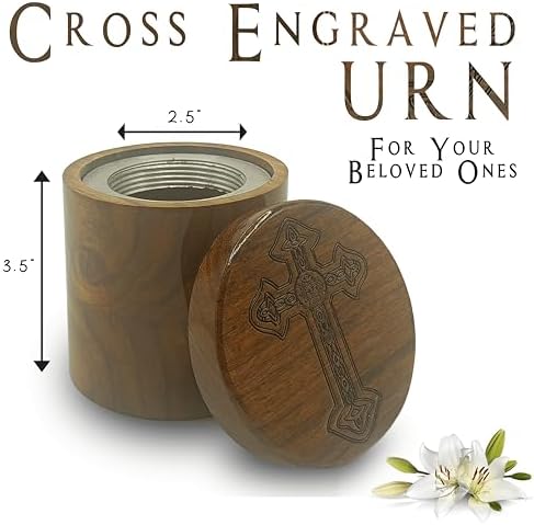 Wooden Urn for Human Ashes Round Shape with Cross Engraving