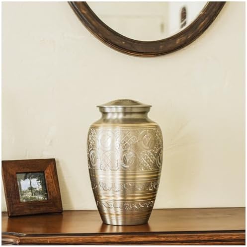AspenStudio Platinum Brass Cremation Urn for Adult Human Ashes - Large Handcrafted Urn