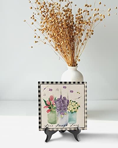 Decorative Table Plaque with Wooden Stand Floral Design Ceramics Desk Sign for Home Office