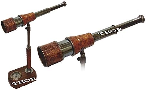 Antique Handmade Telescope with Compass Wooden Base Decorative Home Decor Gift