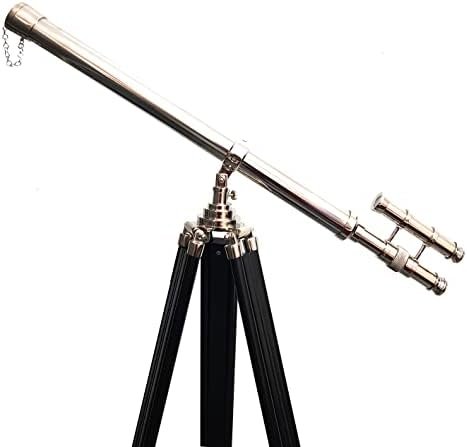 Double Barrel Nickel Finish Floor Telescope with Black Wooden Tripod