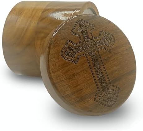 Wooden Urn for Human Ashes Round Shape with Cross Engraving