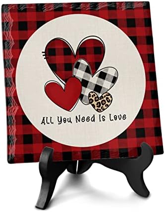 Wooden Stand Desk Decor with Black Red Buffalo Plaid Plaque