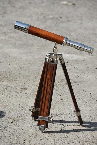 Brass Antique Telescope with Leather Wrap and Wooden Tripod Stand