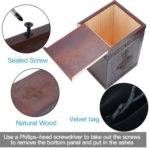 Wooden Carved Cross Cremation Urn with Velvet Bag