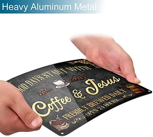 Vintage Metal Plaque Sign - Good Days Start with Coffee Jesus - 8x12 Inch Wall Decor