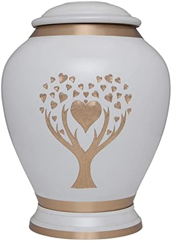 White Cremation Urn with Tree of Life - Large Capacity Brass Urn for Adult Remains