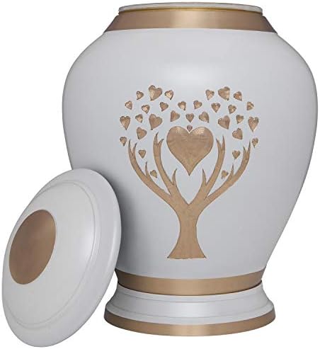 White Cremation Urn with Tree of Life - Large Capacity Brass Urn for Adult Remains