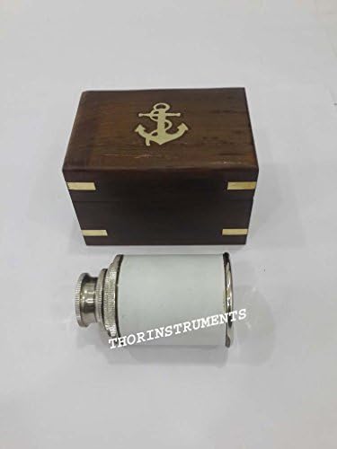 6 Inch Chrome Finish White Leather Telescope with Brown Wooden Box
