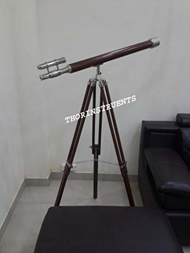 Collectible Nautical Chrome Finish Double Barrel Wooden Telescope Tripod Stand