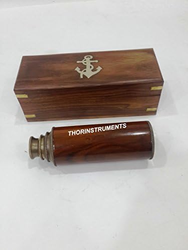 Nautical Antique Brass Brown Wood Telescope 14 with Wooden Box