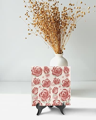 Ceramic Desk Plaque with Wooden Stand Red Rose Design