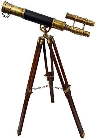 Antique Brass Telescope with Wooden Stand and Leather Sheath