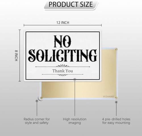 No Soliciting Metal Sign 12x8 Inch White