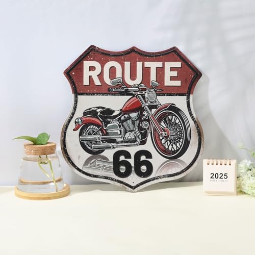 GLOBLELAND Vintage Motorcycle Tin Sign Route 66 Shield Wall Decor