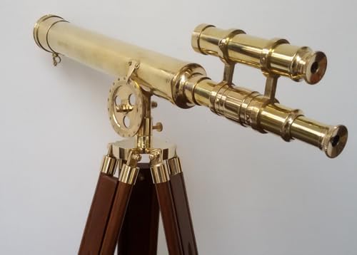 Brass Antique Double Barrel Telescope with Wooden Tripod Stand