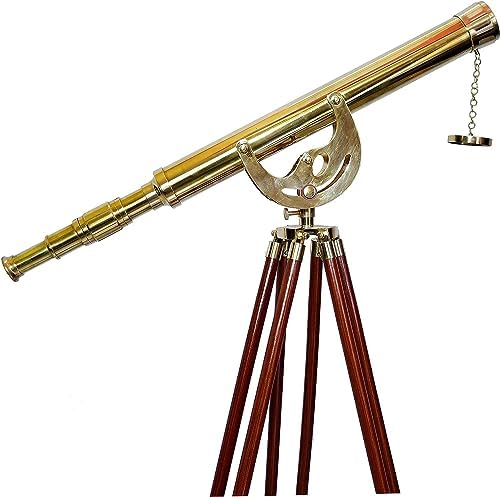 Vintage Handmade Brass Telescope with Wooden Tripod Stand