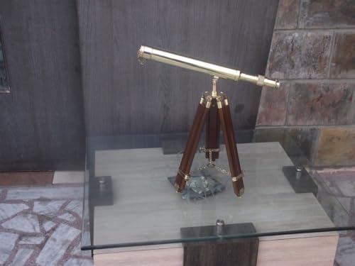 Shiny Brass Telescope with Wooden Tripod Stand