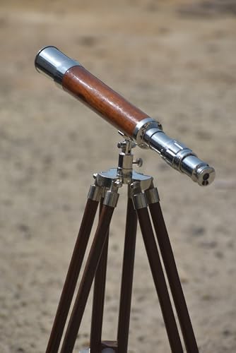 Brass Antique Telescope with Leather Wrap and Wooden Tripod Stand