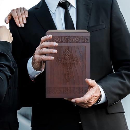 Wooden Carved Cross Cremation Urn with Velvet Bag