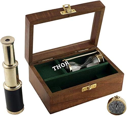 Handmade Nautical Gift Box Set with Telescope Sand Timer and Compass