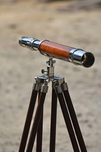 Brass Antique Telescope with Leather Wrap and Wooden Tripod Stand