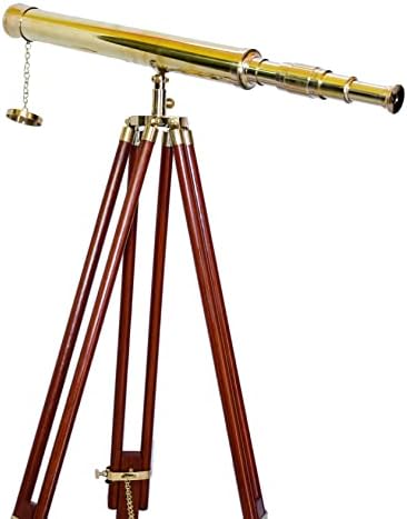 Antiqueex Shiny Brass Telescope with Wooden Tripod Stand