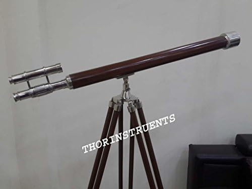 Collectible Nautical Chrome Finish Double Barrel Wooden Telescope Tripod Stand
