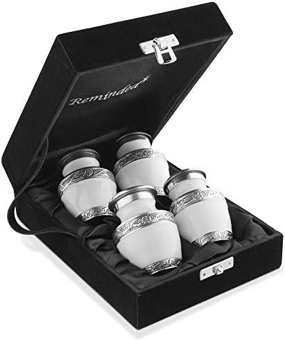Reminded Mini Cremation Urns Set of 4 White and Silver with Velvet Case