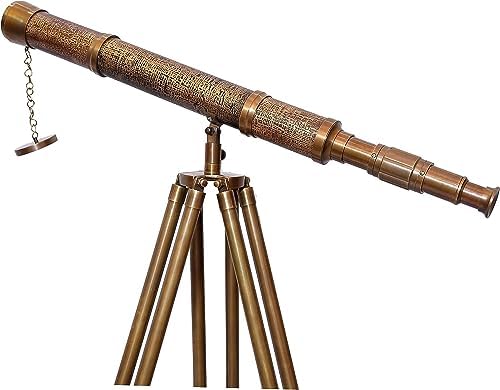 Handmade Antique Brass Telescope with Adjustable Wooden Tripod Stand