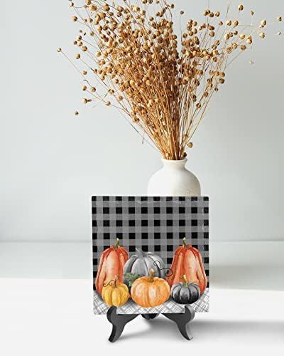 Wooden Stand Desk Decor with Ceramic Plaque Farmhouse Style Autumn Pumpkin Sign