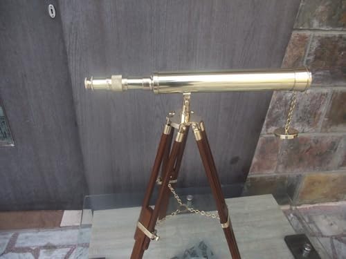 Shiny Brass Telescope with Wooden Tripod Stand