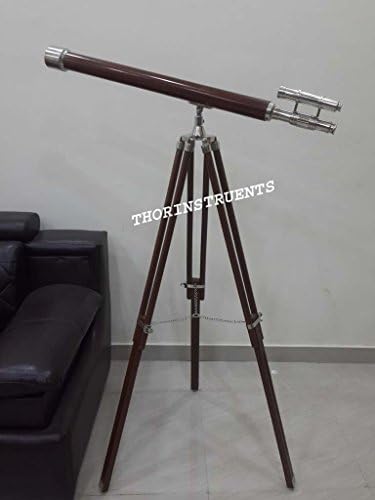 Collectible Nautical Chrome Finish Double Barrel Wooden Telescope Tripod Stand