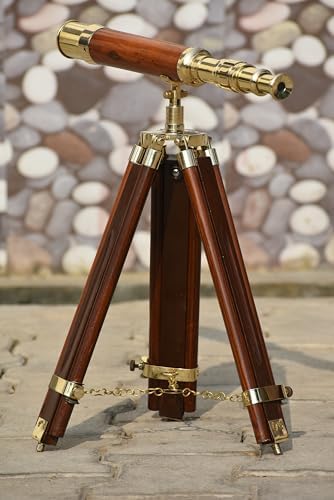 Polished Brass Telescope with Wooden Tripod for Nautical Decor