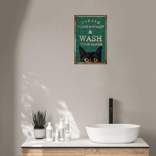 EMOHAT Funny Black Cat Flush Toilet Wall Sign Metal Decor