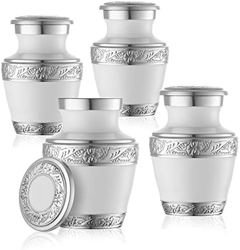 Reminded Mini Cremation Urns Set of 4 White and Silver with Velvet Case