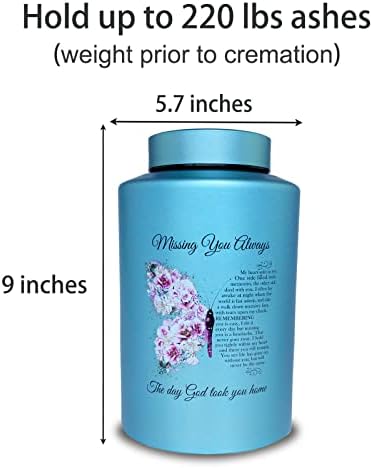 220 Lbs Capacity Large Cremation Urn with Butterfly Design and Velvet Pouch