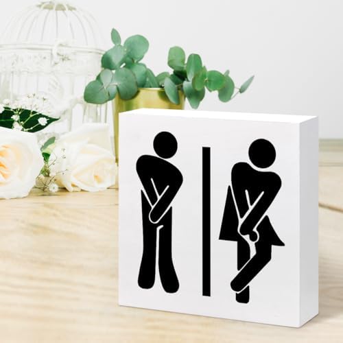 Funny Restroom Toilet Male Female Wood Block Sign Decor