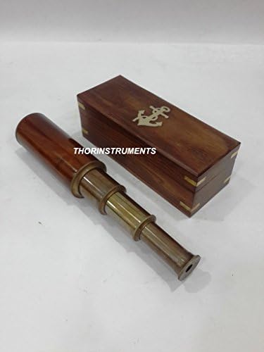 Nautical Antique Brass Brown Wood Telescope 14 with Wooden Box