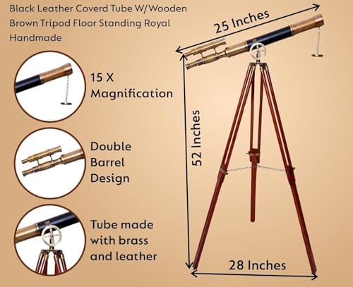 Antique Brass Double Barrel Telescope with Black Leather Tube and Wooden Tripod